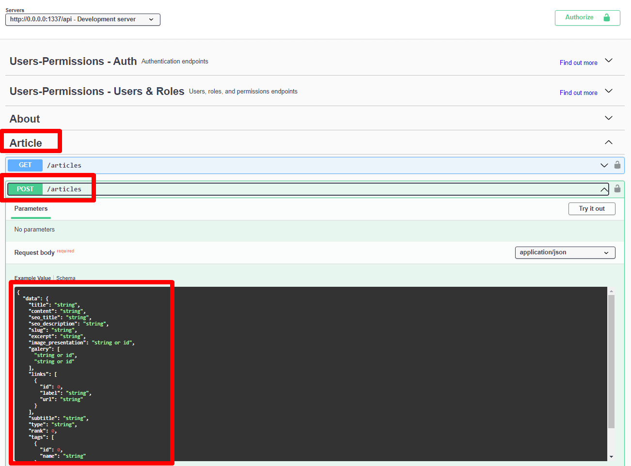 Web interface for API documentation and interaction with Swagger UI or similar tool, showcasing GET and POST requests for '/articles' endpoint