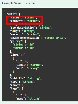 Screenshot of a JSON data structure template with keys like 'title,' 'content,' 'seo description,' highlighting key-value pairs.