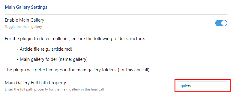 Screenshot of Main Gallery plugin settings page showing options to enable the gallery and folder structure instructions