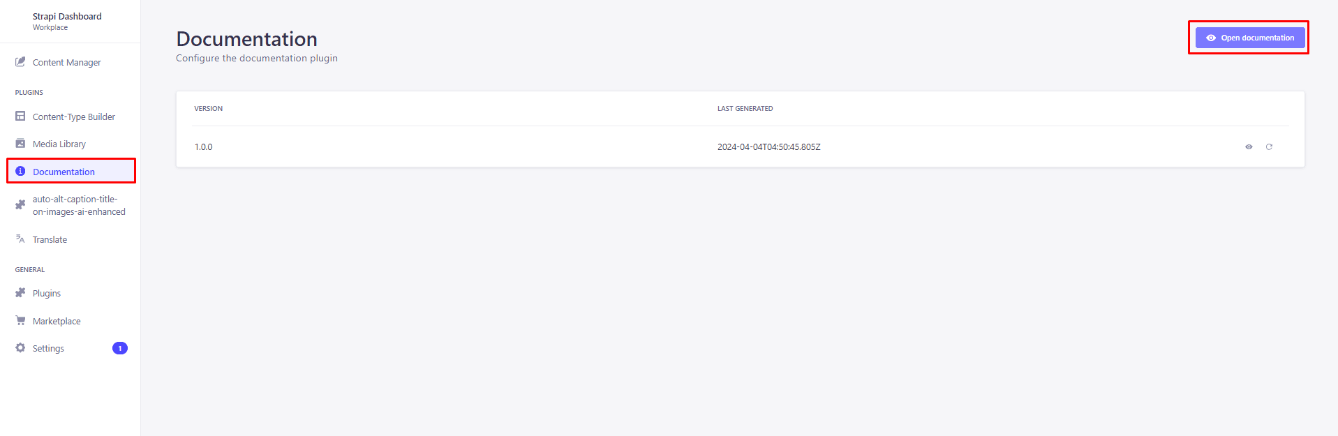 Screenshot of a dashboard displaying the documentation section of a content management system with version 1.0.0 and last generated timestamp.