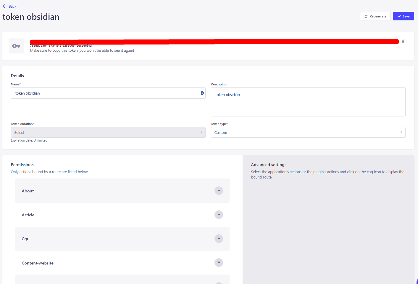 Screenshot of a web interface for creating or editing an access token named 'token obsidian' with fields for token name, description, type, and duration, and permissions settings for various actions.